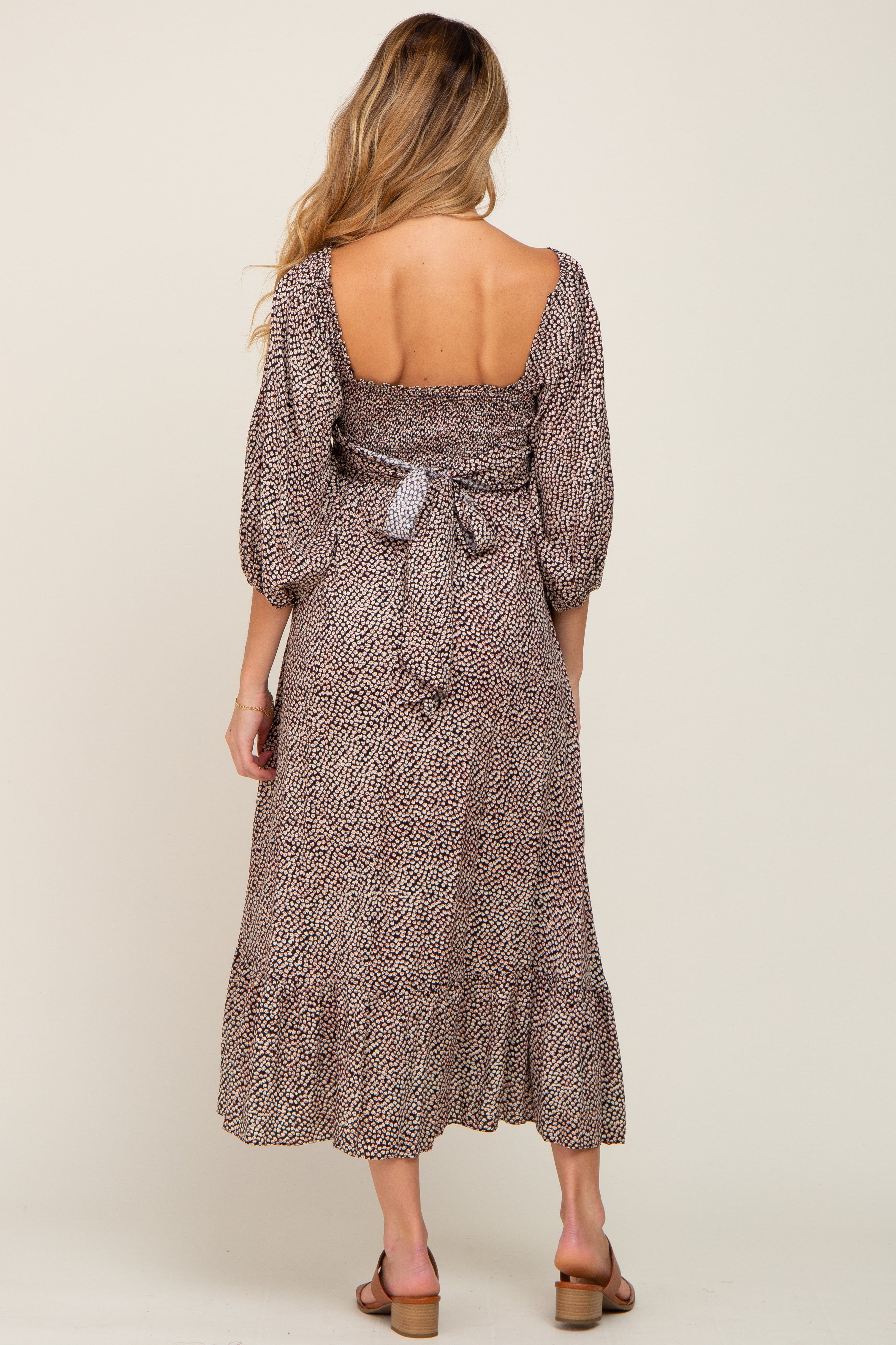Black Ditsy Floral Smocked 3/4 Sleeve Maternity Midi Dress sold by Pinkblush product image thumbnail 3