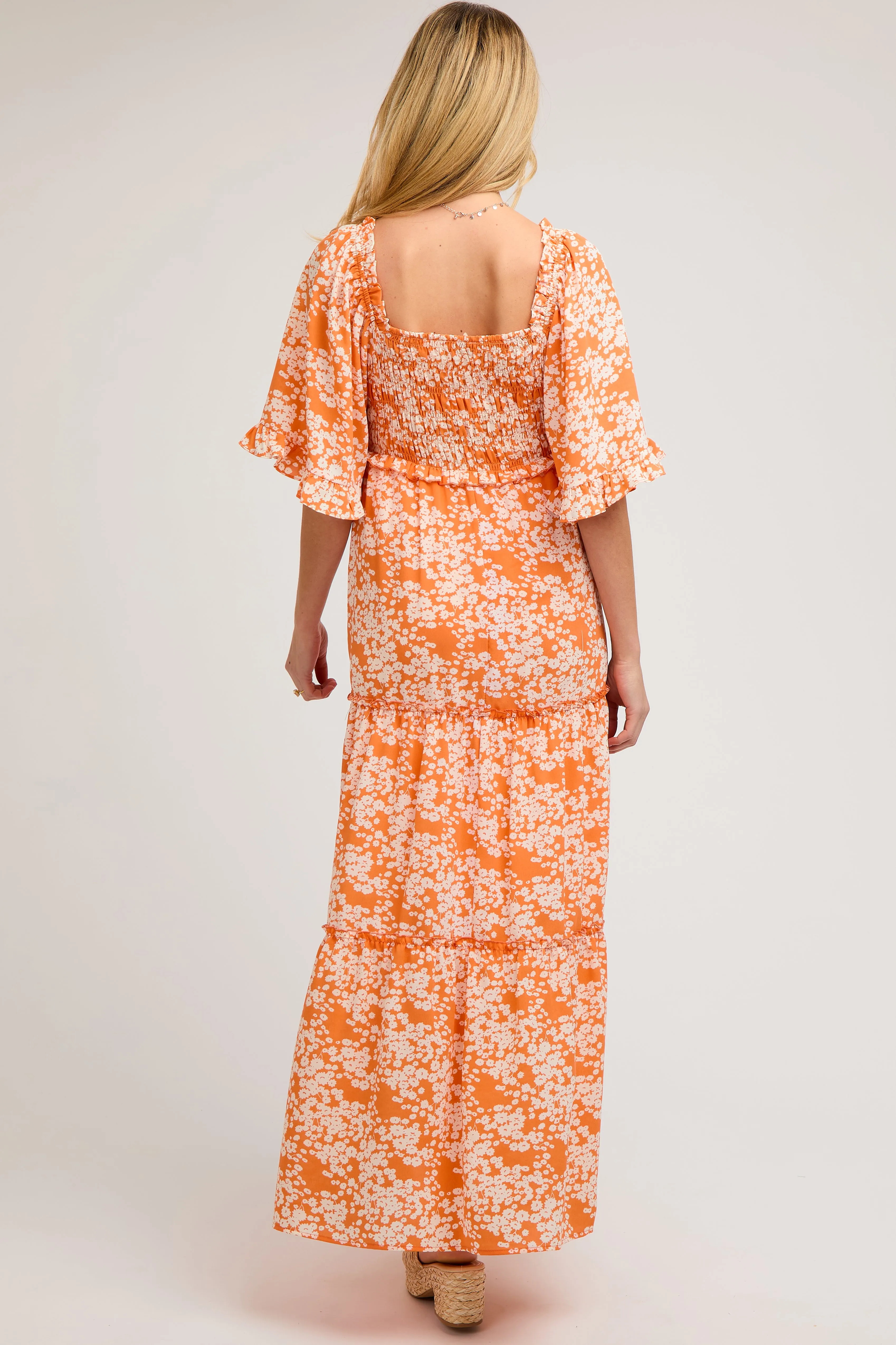 Orange Floral Smocked V-Neck Ruffle Tiered Maternity Maxi Dress sold by Pinkblush product image thumbnail 4