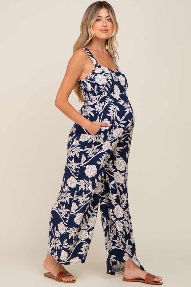 Navy Floral Sweetheart Neck Maternity Jumpsuit sold by Pinkblush product image thumbnail 2