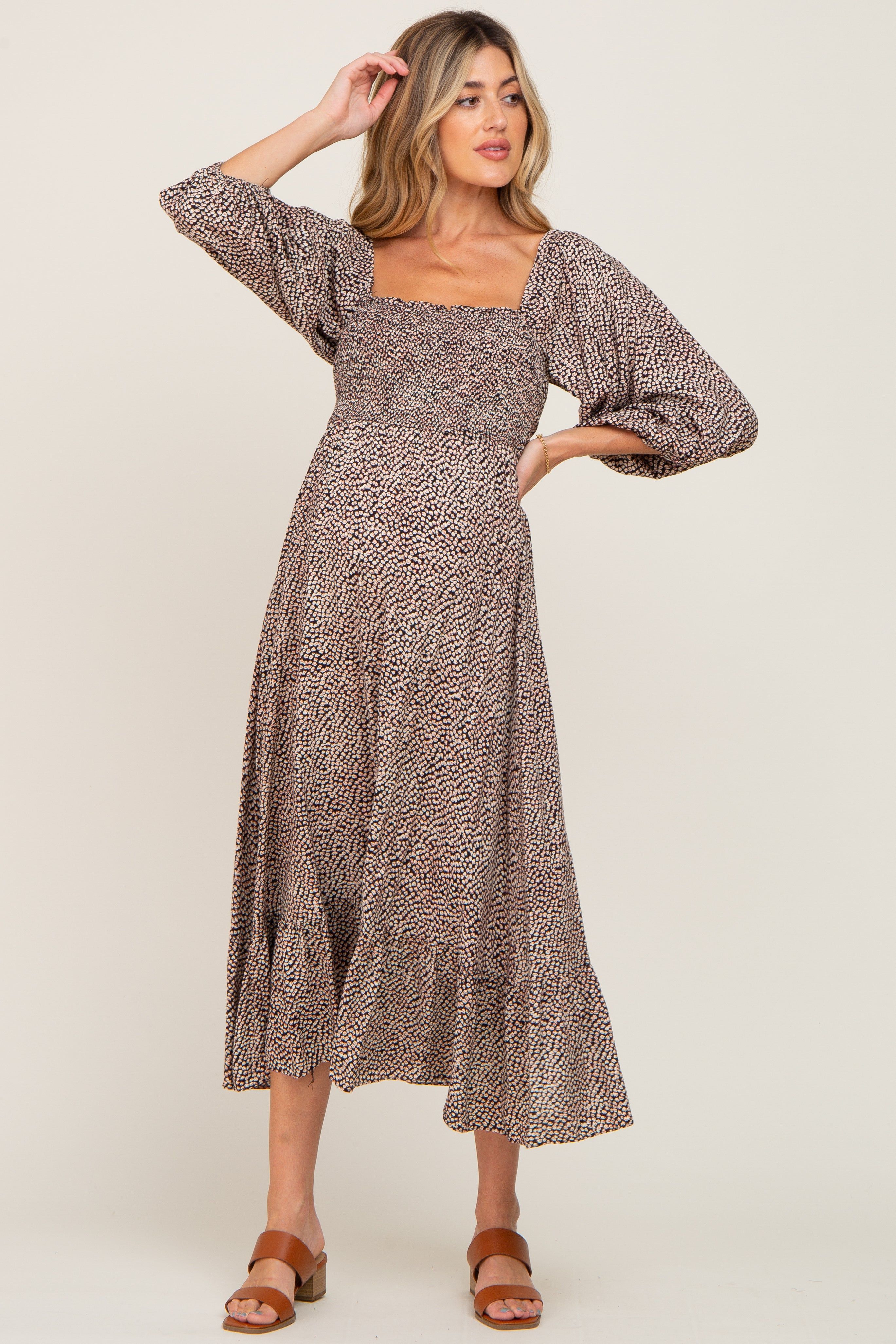 Black Ditsy Floral Smocked 3/4 Sleeve Maternity Midi Dress sold by Pinkblush