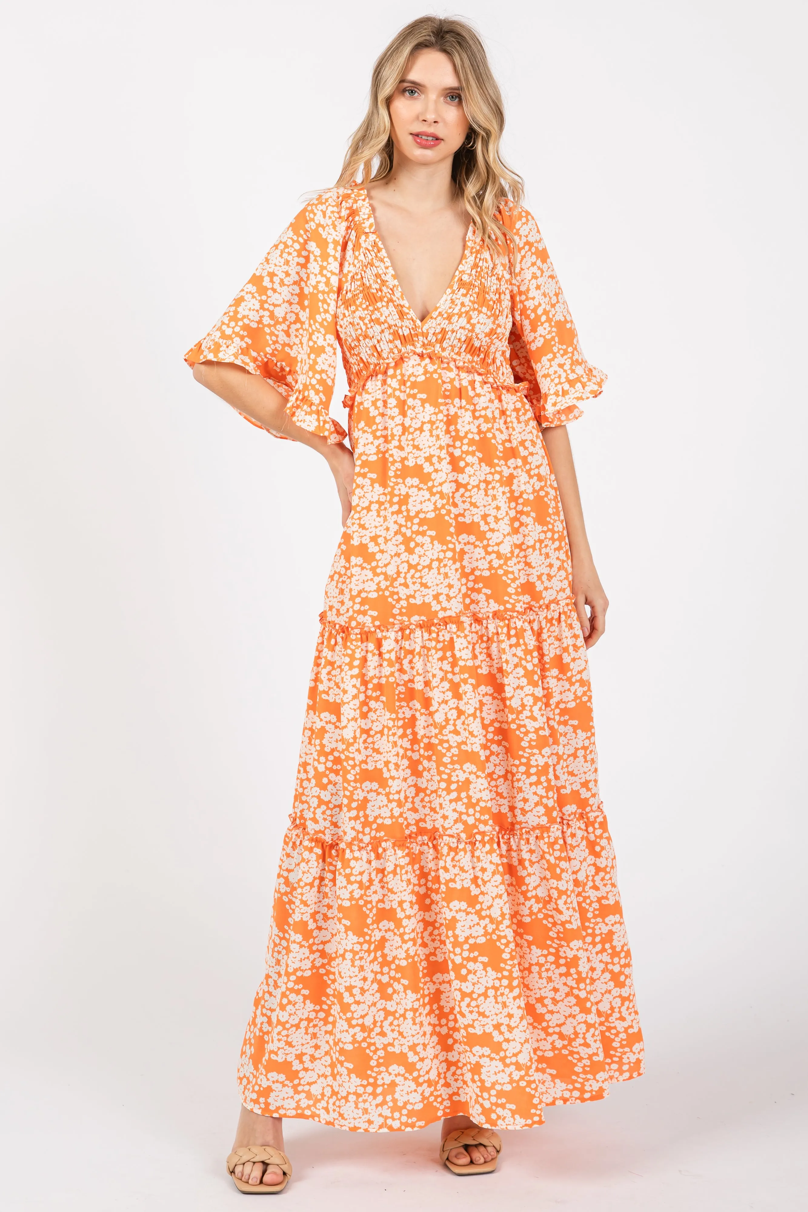 Orange Floral Smocked V-Neck Ruffle Tiered Maternity Maxi Dress sold by Pinkblush product image thumbnail 5