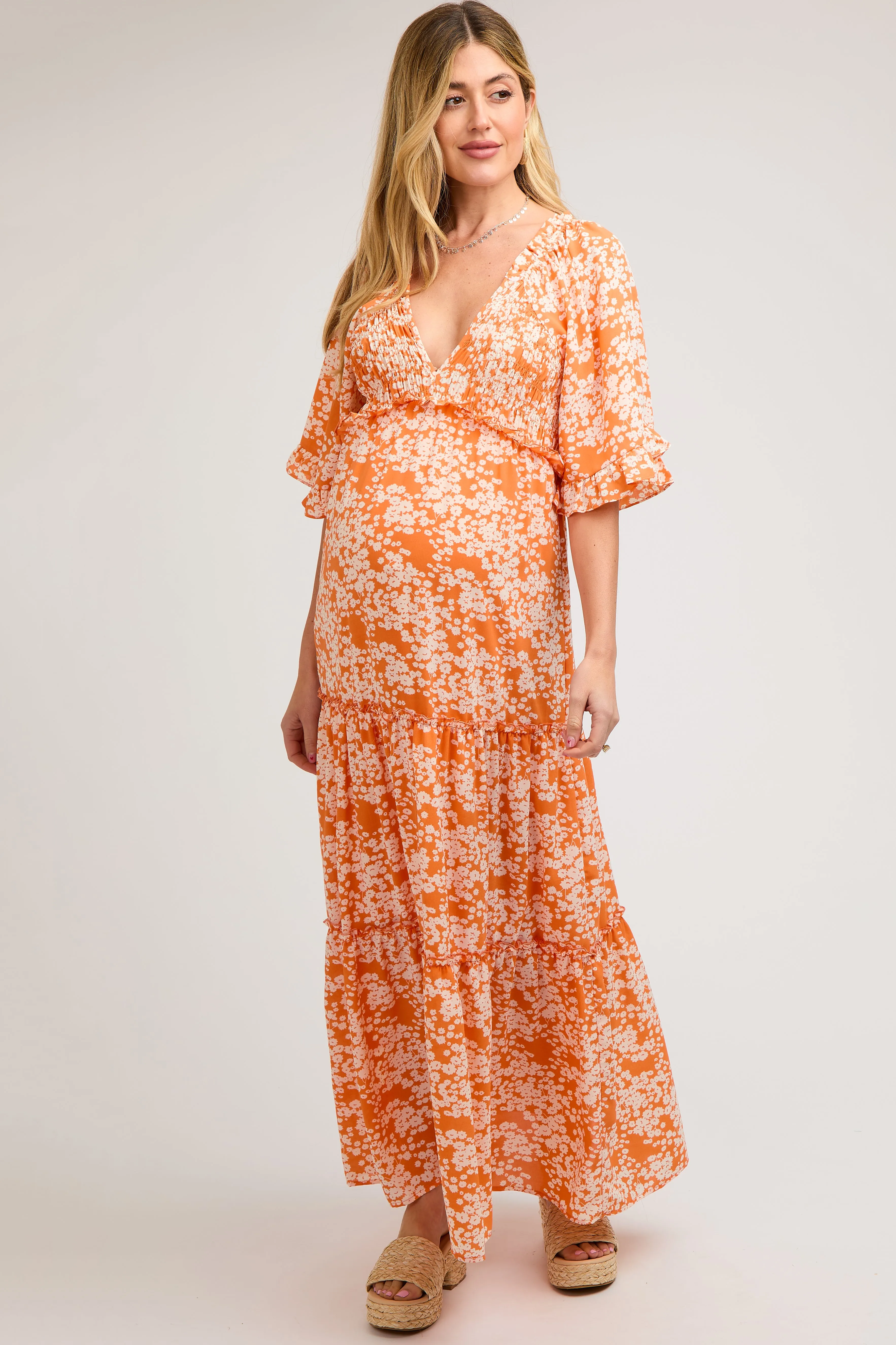 Orange Floral Smocked V-Neck Ruffle Tiered Maternity Maxi Dress sold by Pinkblush product image thumbnail 2