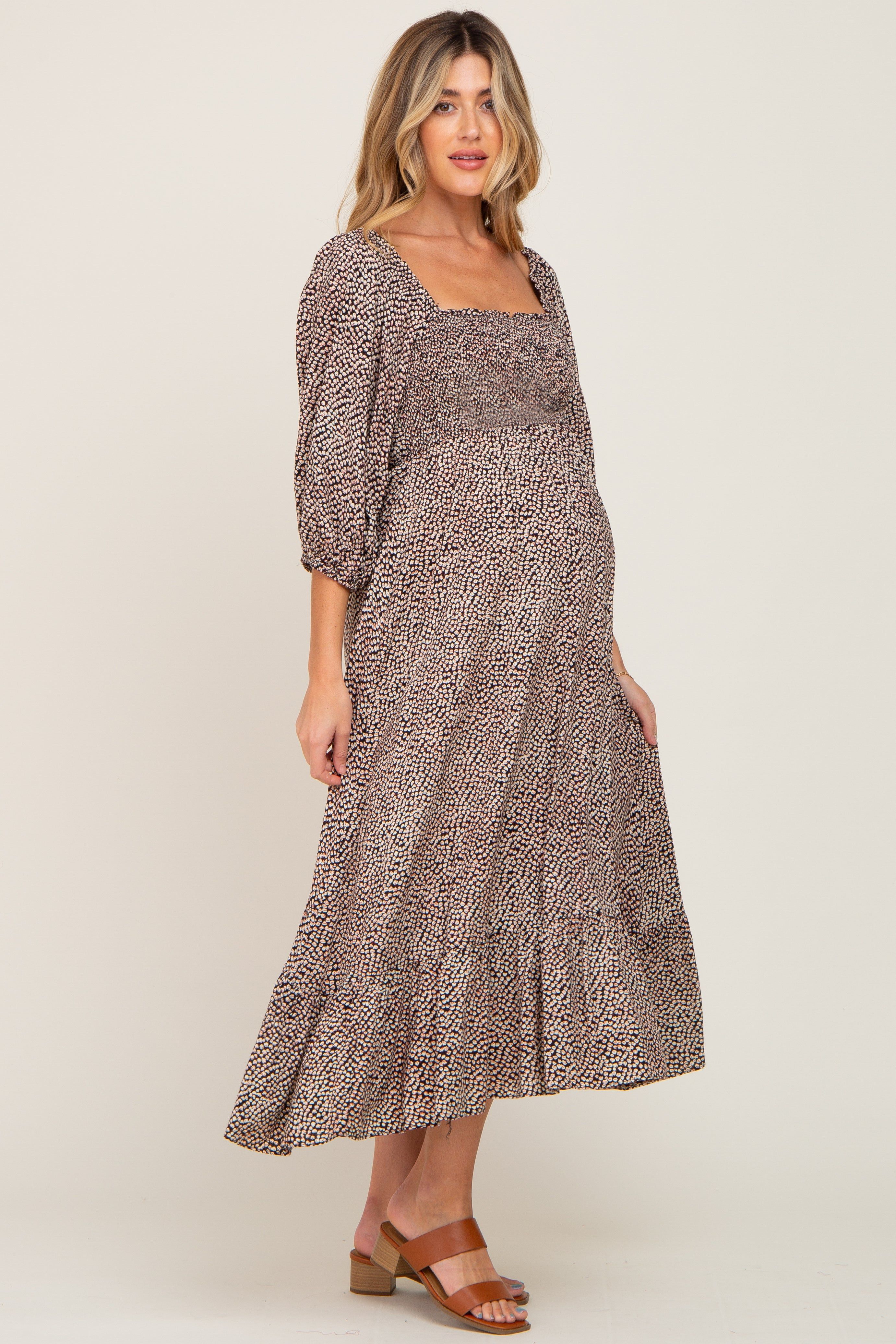 Black Ditsy Floral Smocked 3/4 Sleeve Maternity Midi Dress sold by Pinkblush product image thumbnail 2