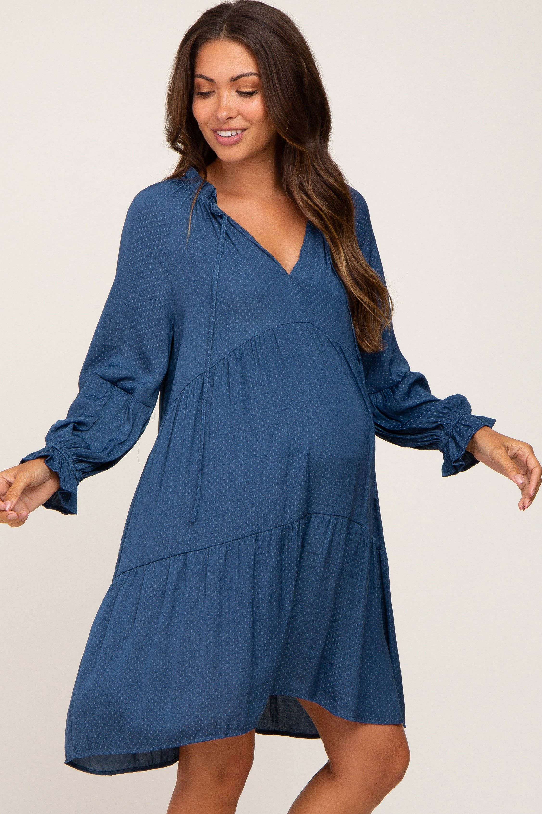 Navy Dotted Tiered Maternity Dress sold by Pinkblush