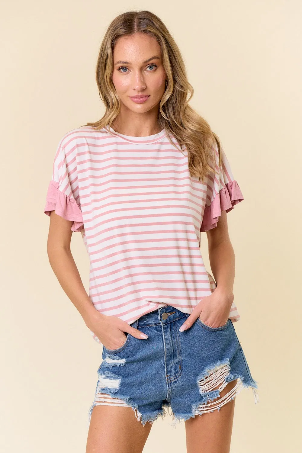 Mauve Striped Ruffle Sleeve Top sold by Pinkblush