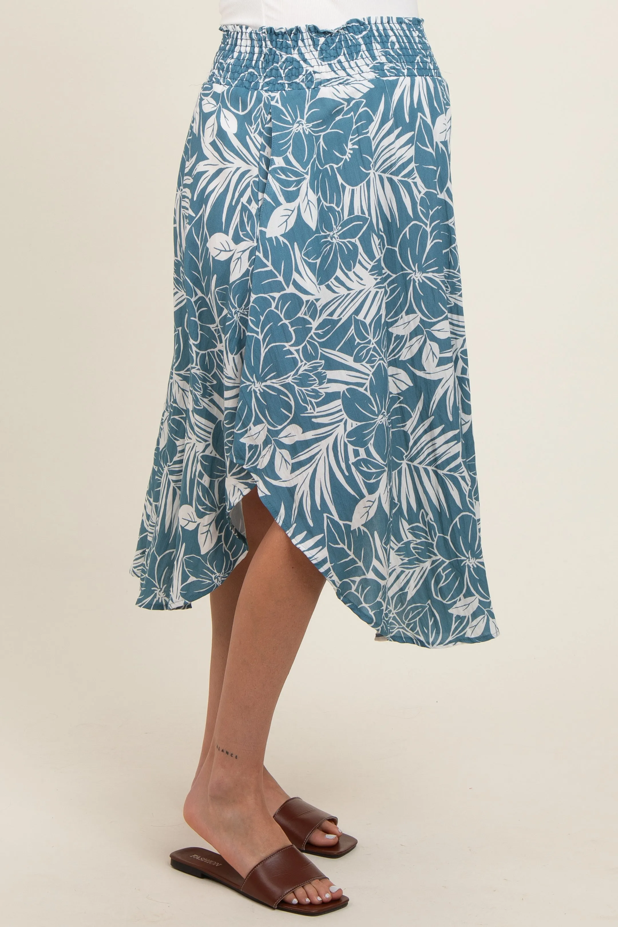 Blue Floral Smocked Waist Round Hem Maternity Midi Skirt sold by Pinkblush product image thumbnail 5