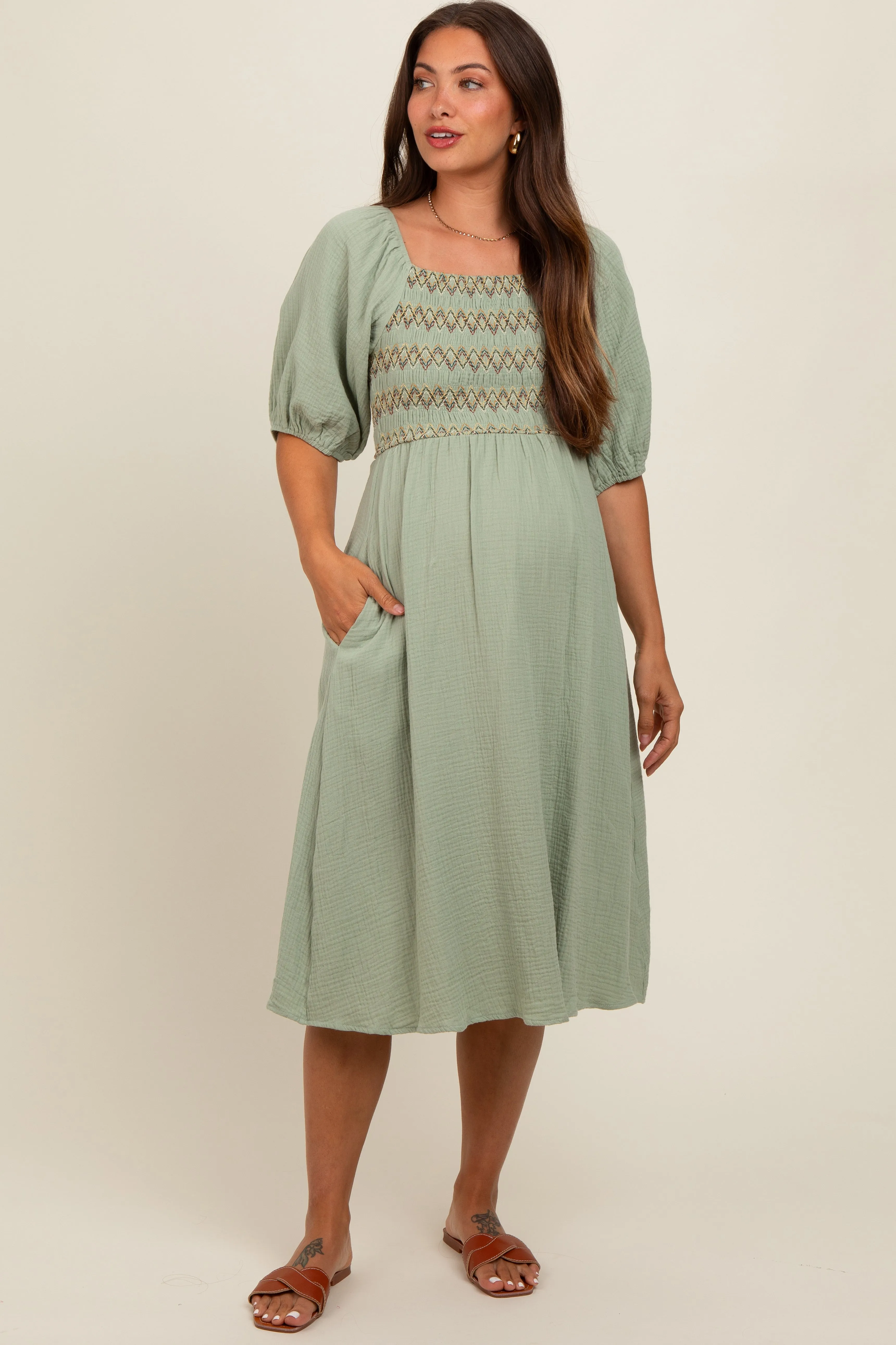 Light Olive Embroidered Maternity Midi Dress sold by Pinkblush