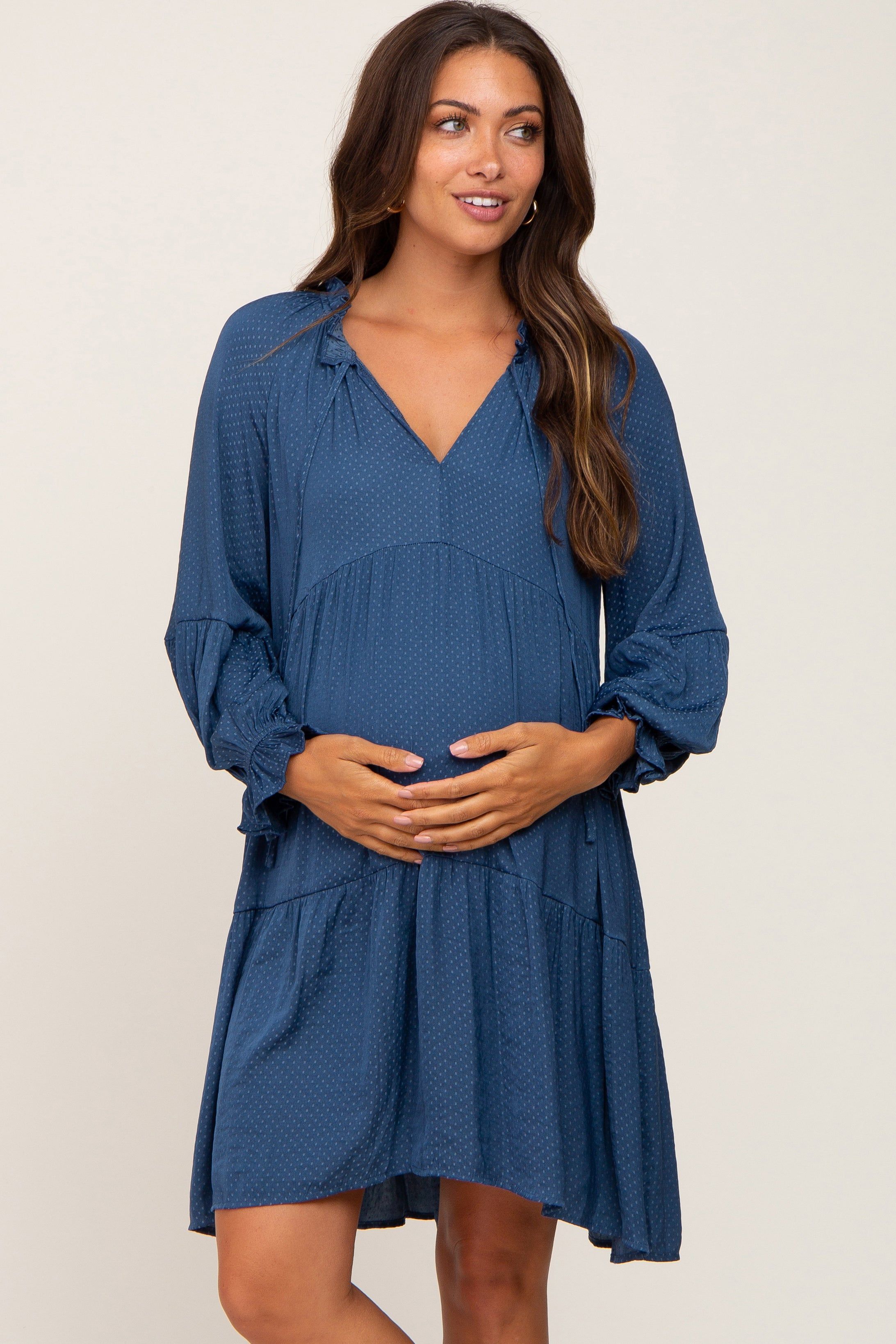 Navy Dotted Tiered Maternity Dress sold by Pinkblush product image thumbnail 2