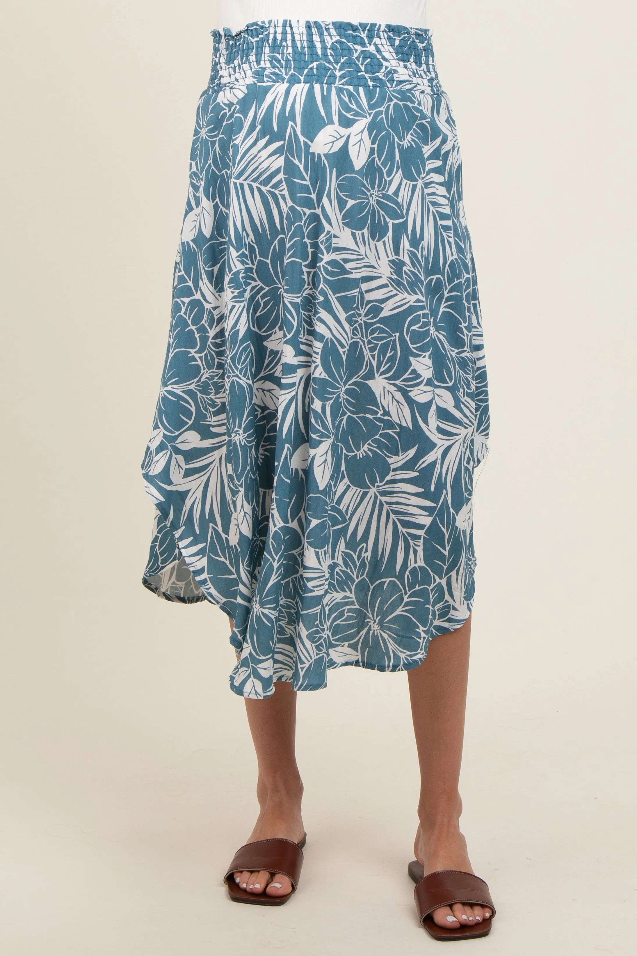 Blue Floral Smocked Waist Round Hem Maternity Midi Skirt sold by Pinkblush product image thumbnail 4