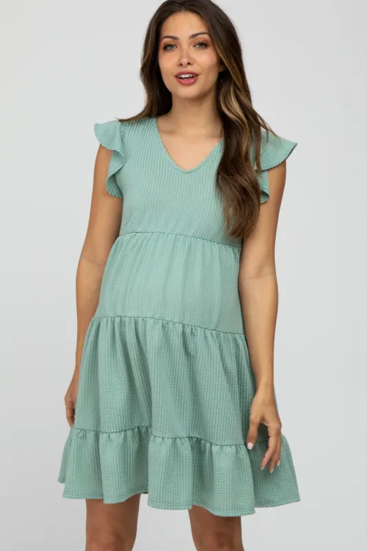 Mint Green Ruffle Sleeve Tiered Maternity Dress sold by Pinkblush