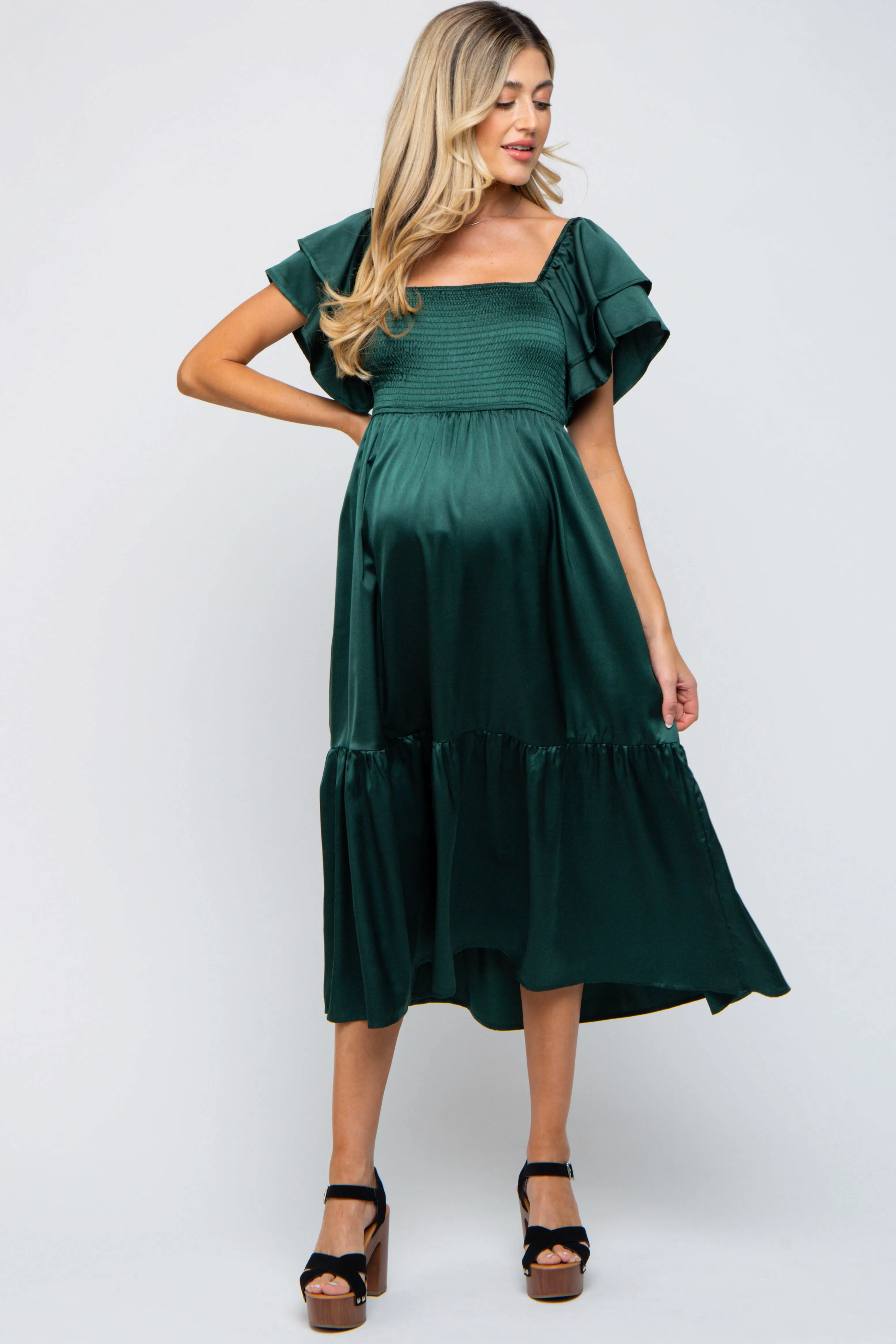 Forest Green Satin Flutter Sleeve Maternity Midi Dress sold by Pinkblush