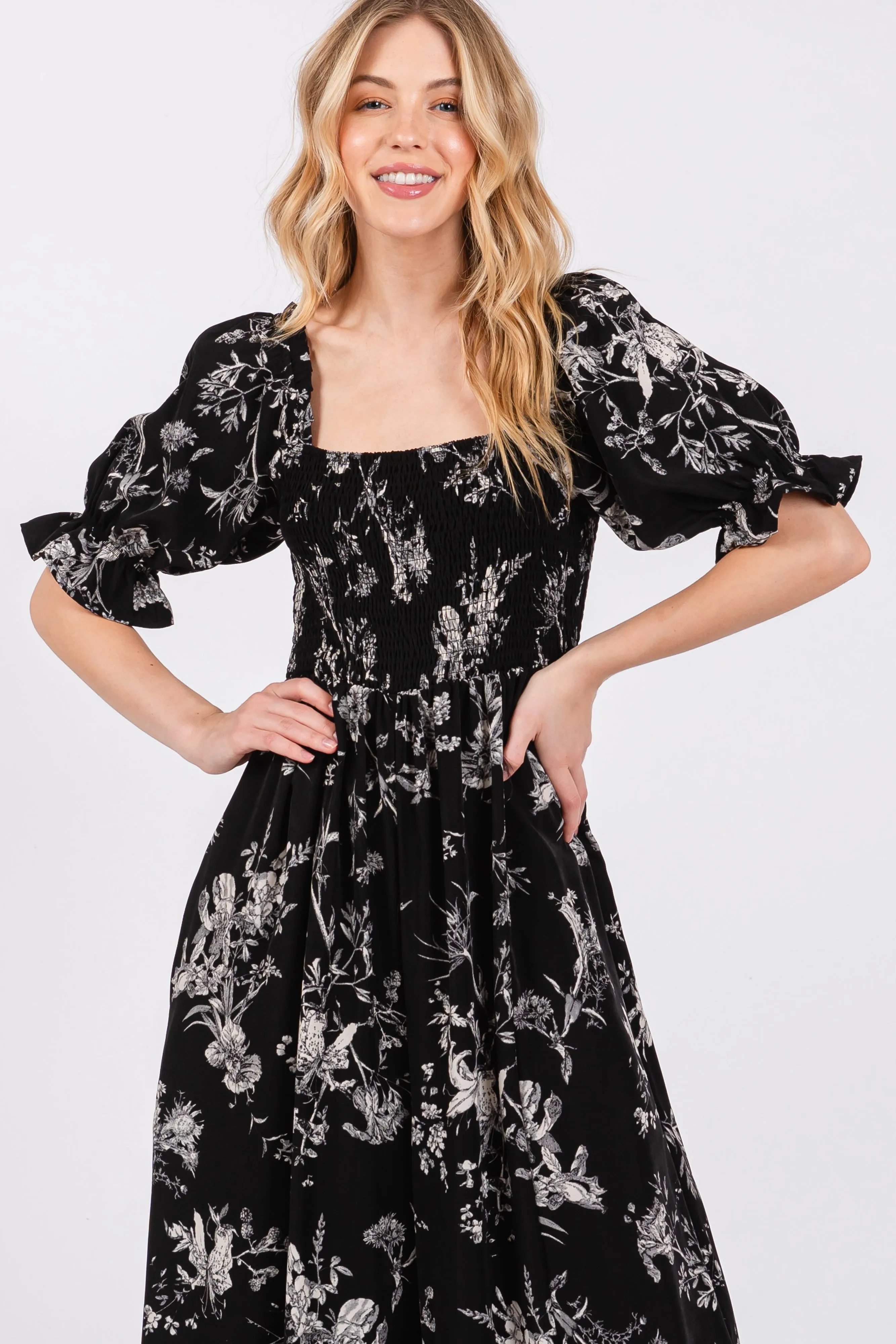 Black Floral Smocked Square Neck Wide Leg Jumpsuit sold by Pinkblush product image thumbnail 4