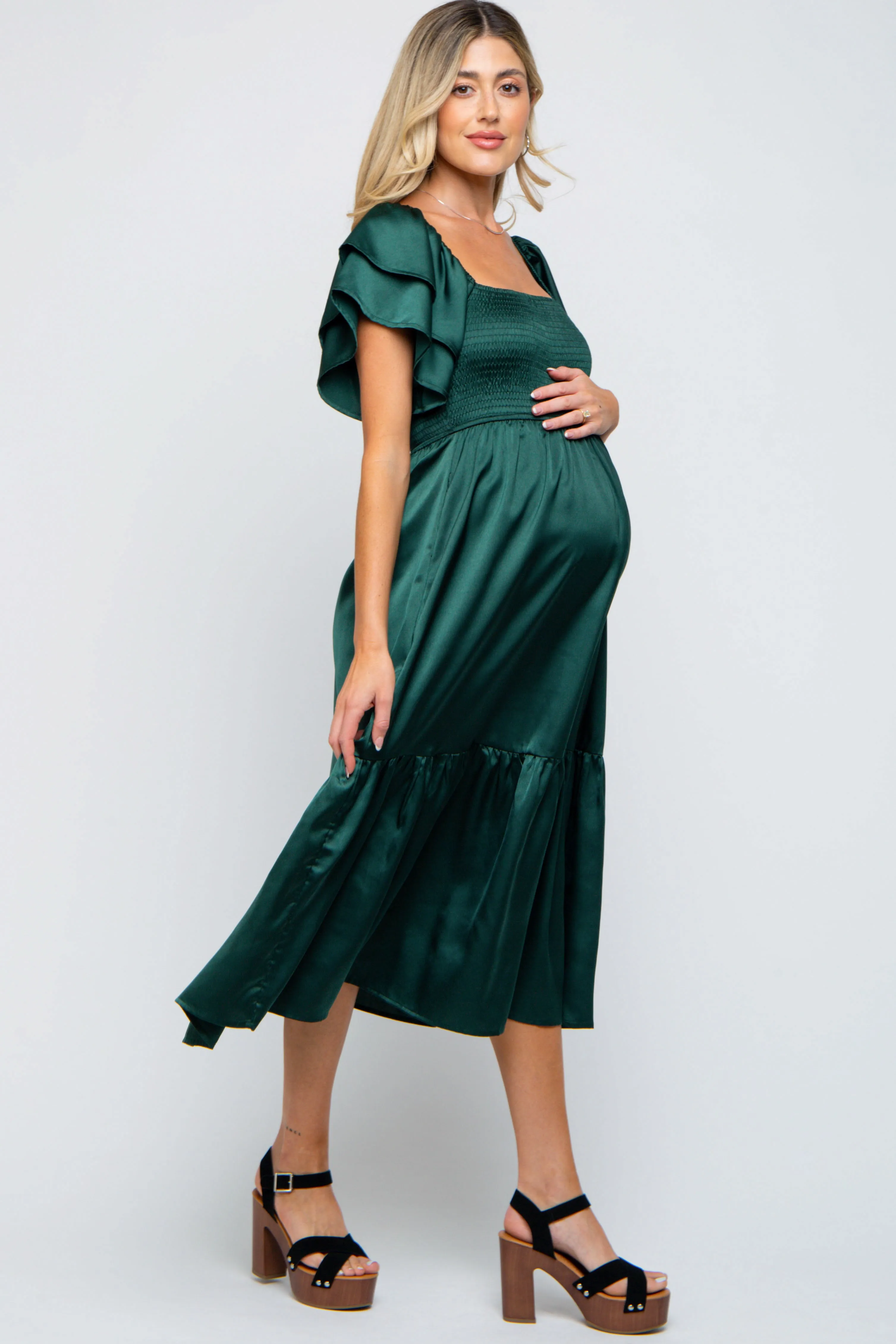 Forest Green Satin Flutter Sleeve Maternity Midi Dress sold by Pinkblush product image thumbnail 2