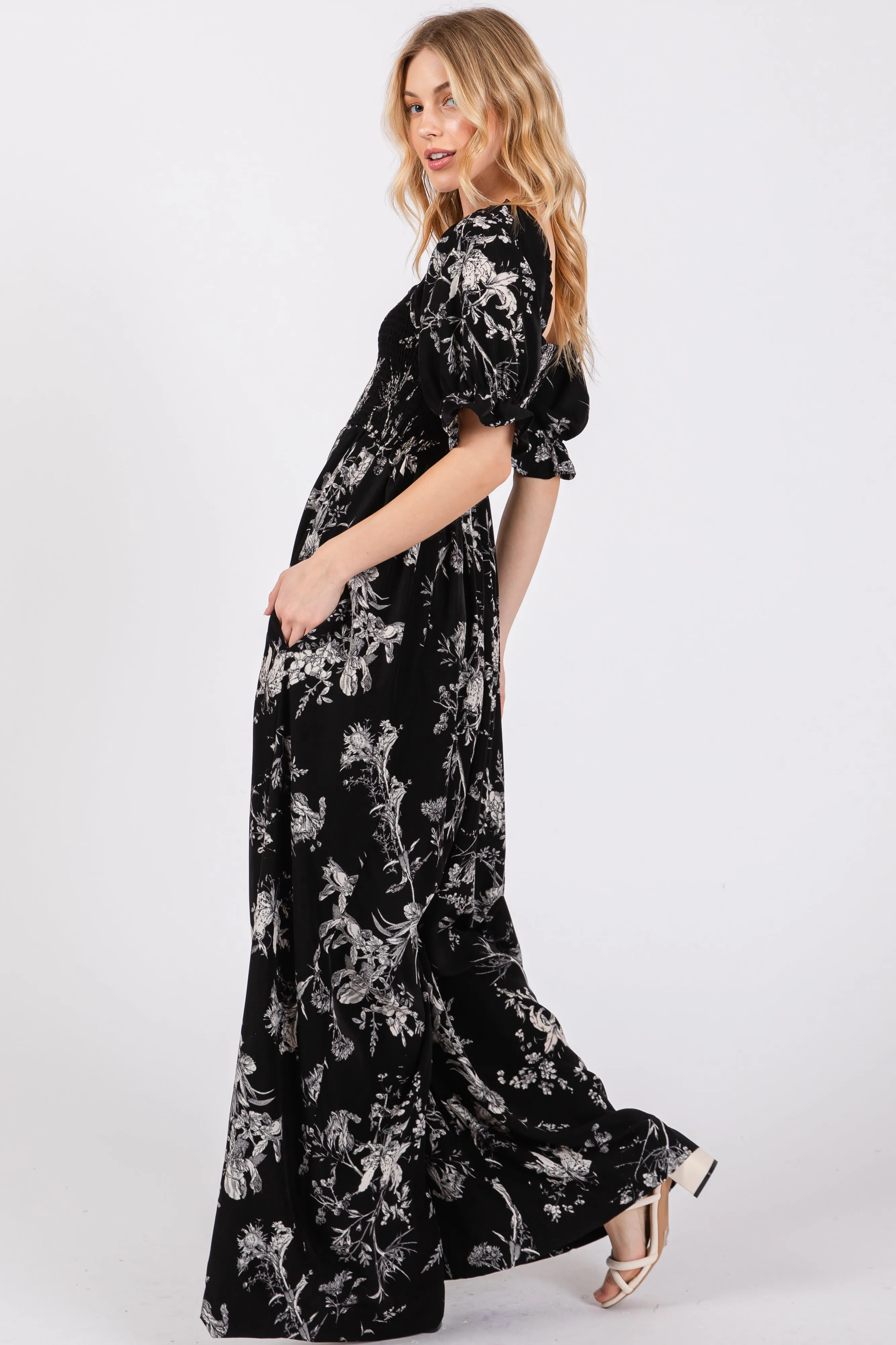 Black Floral Smocked Square Neck Wide Leg Jumpsuit sold by Pinkblush product image thumbnail 2