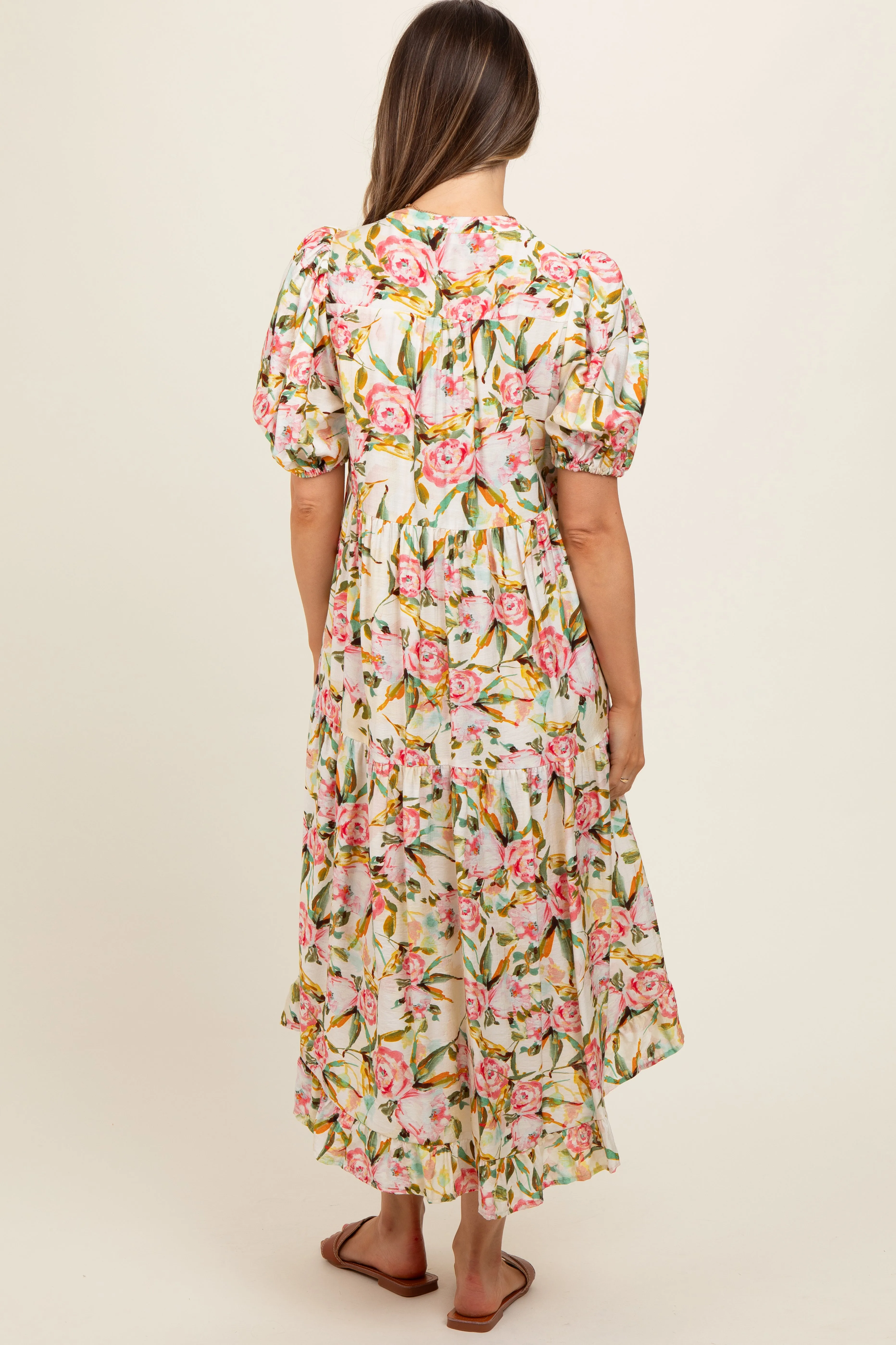 Cream Floral V-Neck Tiered Maternity Midi Dress sold by Pinkblush product image thumbnail 4