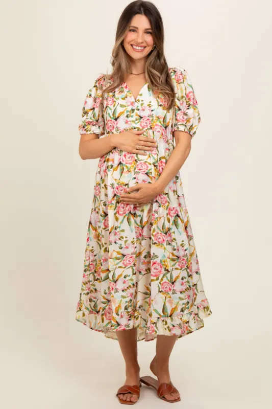 Cream Floral V-Neck Tiered Maternity Midi Dress sold by Pinkblush