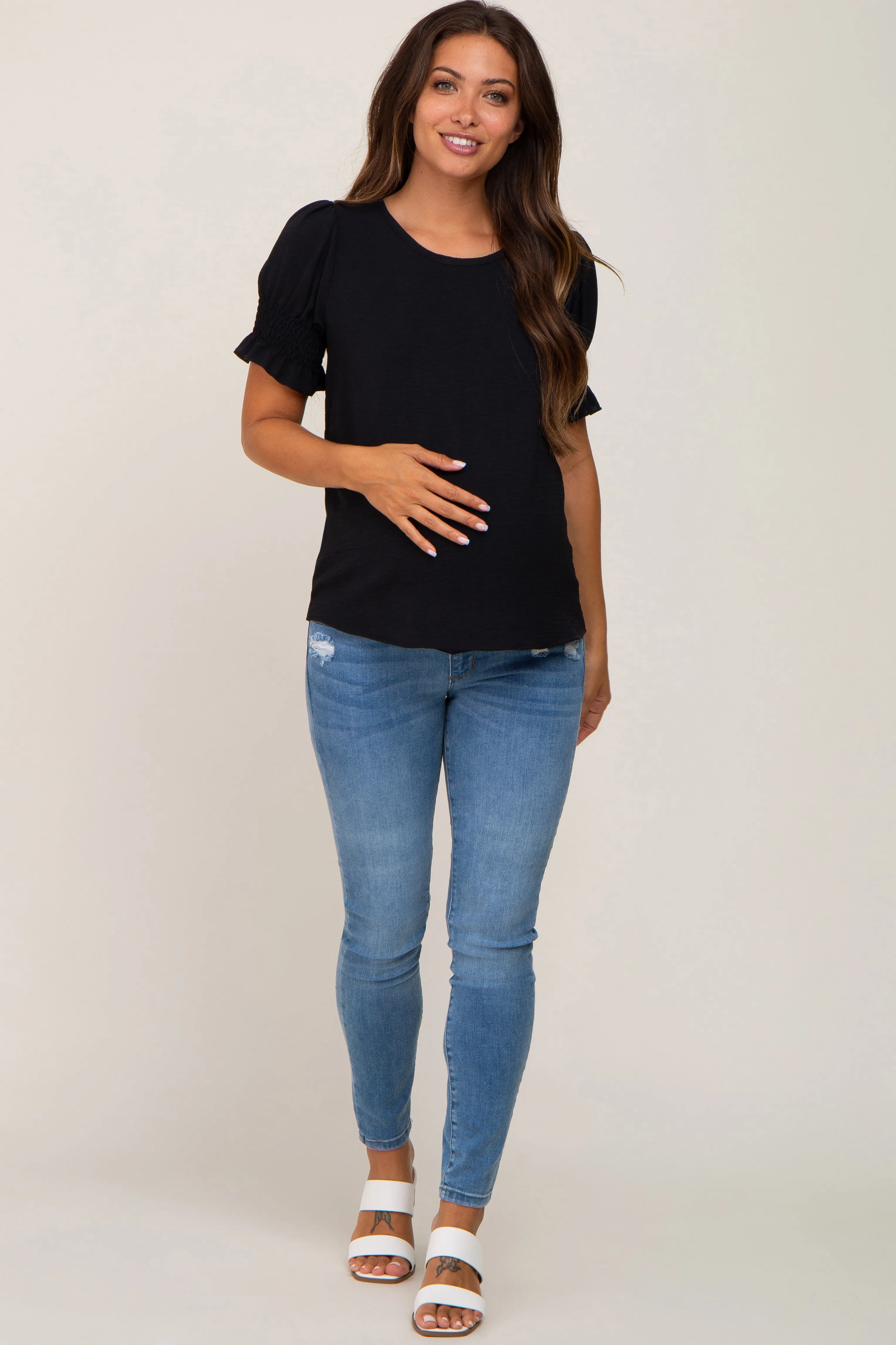 Black Smocked Puff Sleeve Maternity Blouse sold by Pinkblush product image thumbnail 4