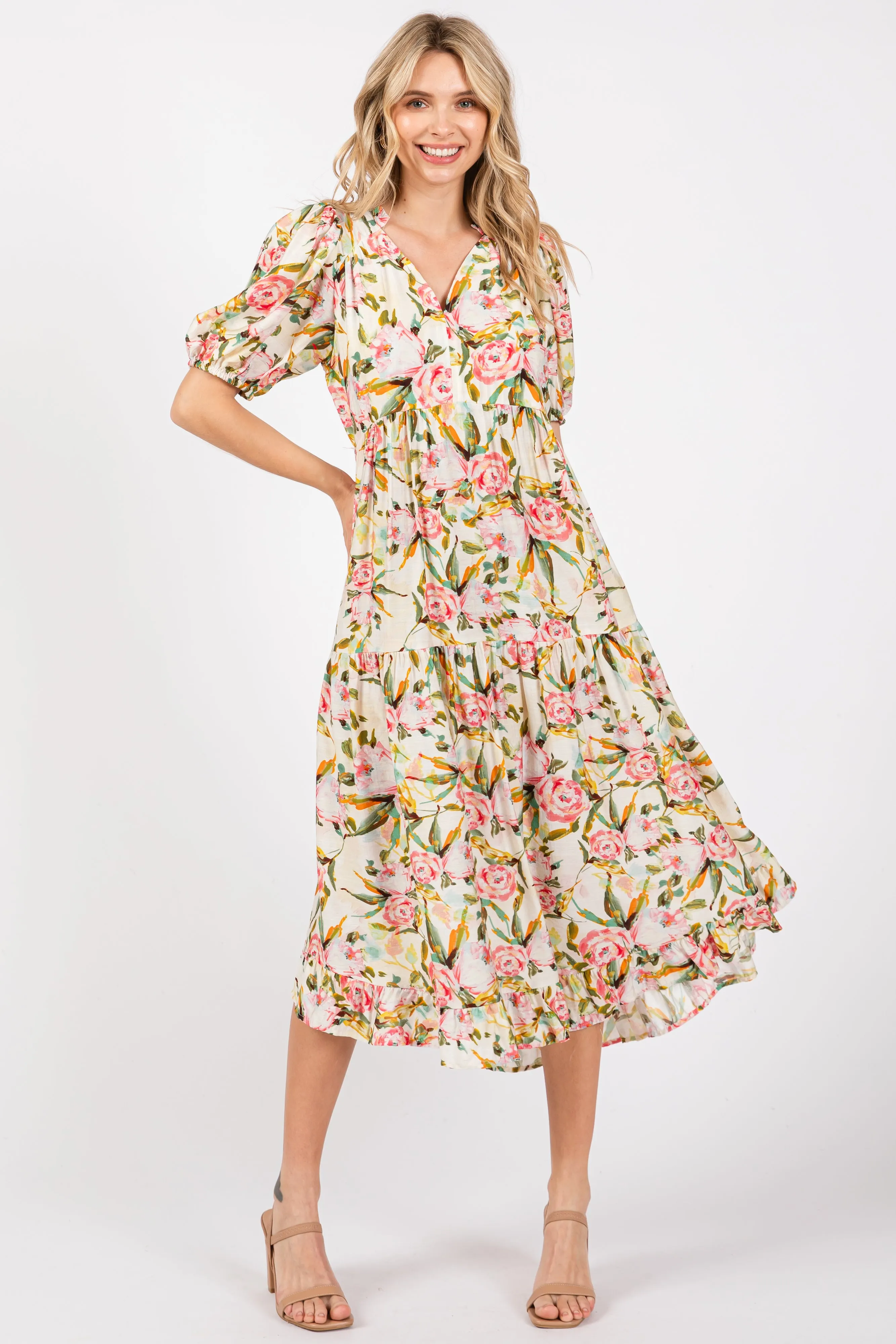 Cream Floral V-Neck Tiered Maternity Midi Dress sold by Pinkblush product image thumbnail 5