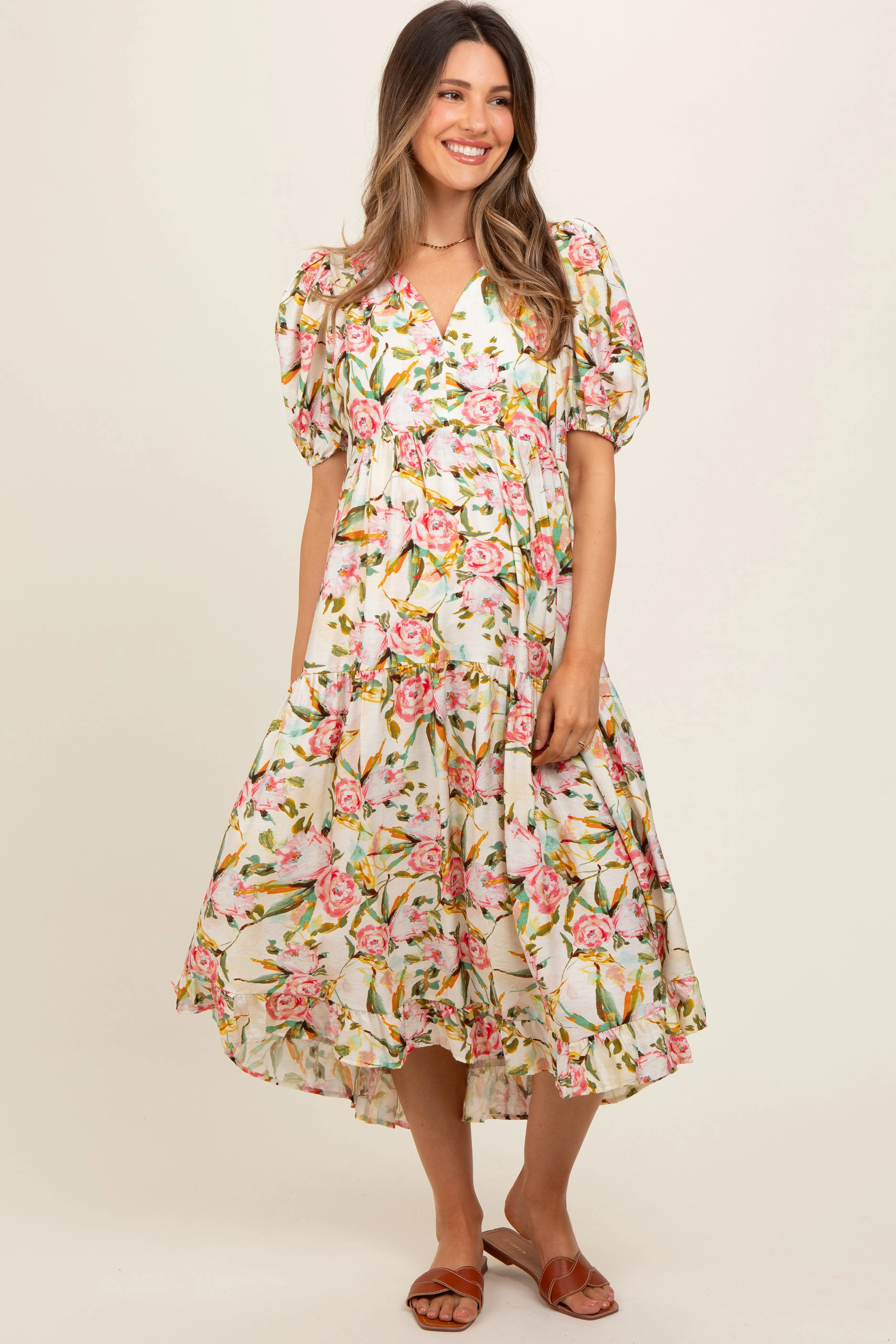 Cream Floral V-Neck Tiered Maternity Midi Dress sold by Pinkblush product image thumbnail 2