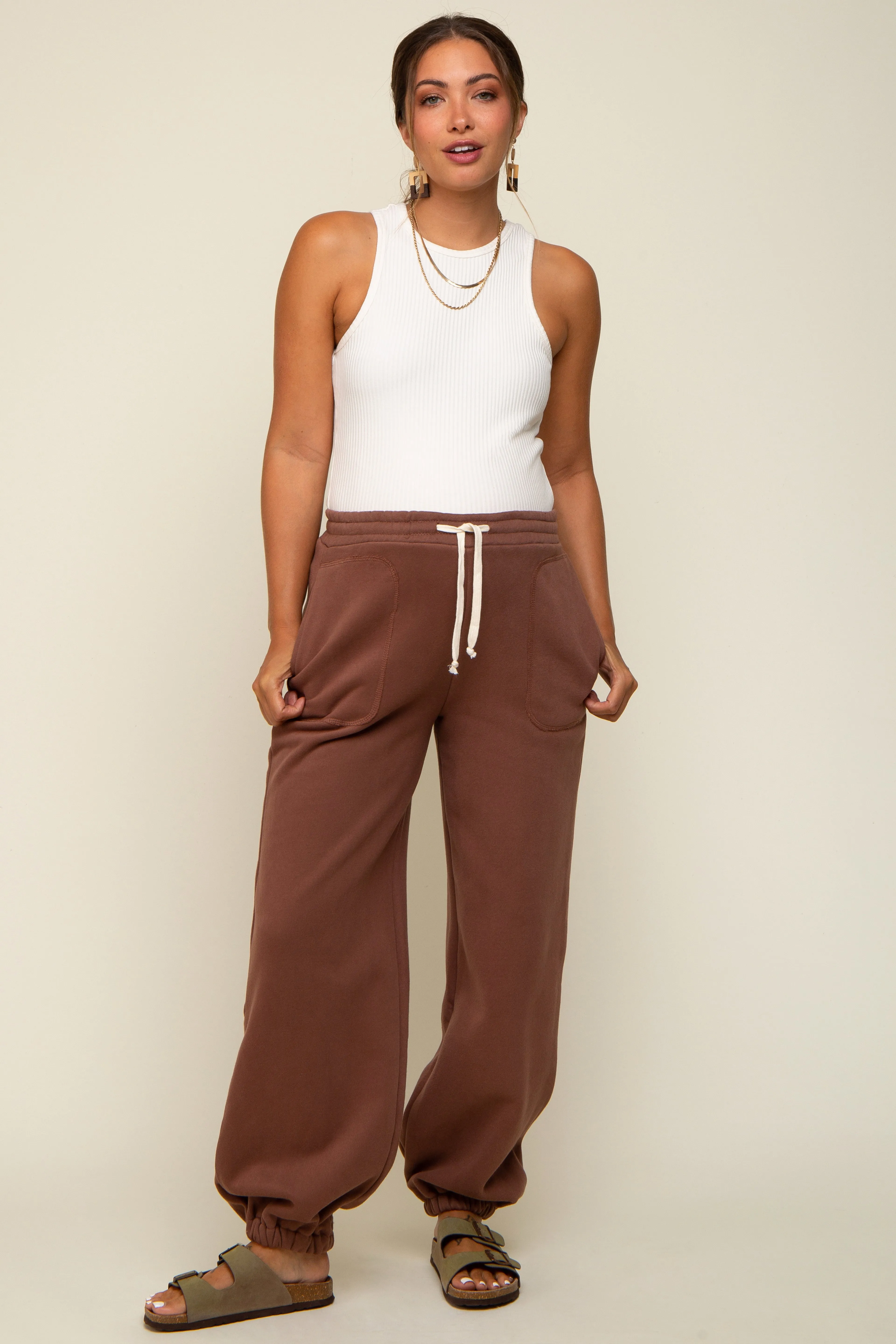 Brown Drawstring Maternity Relaxed Fit Sweatpants sold by Pinkblush product image thumbnail 2