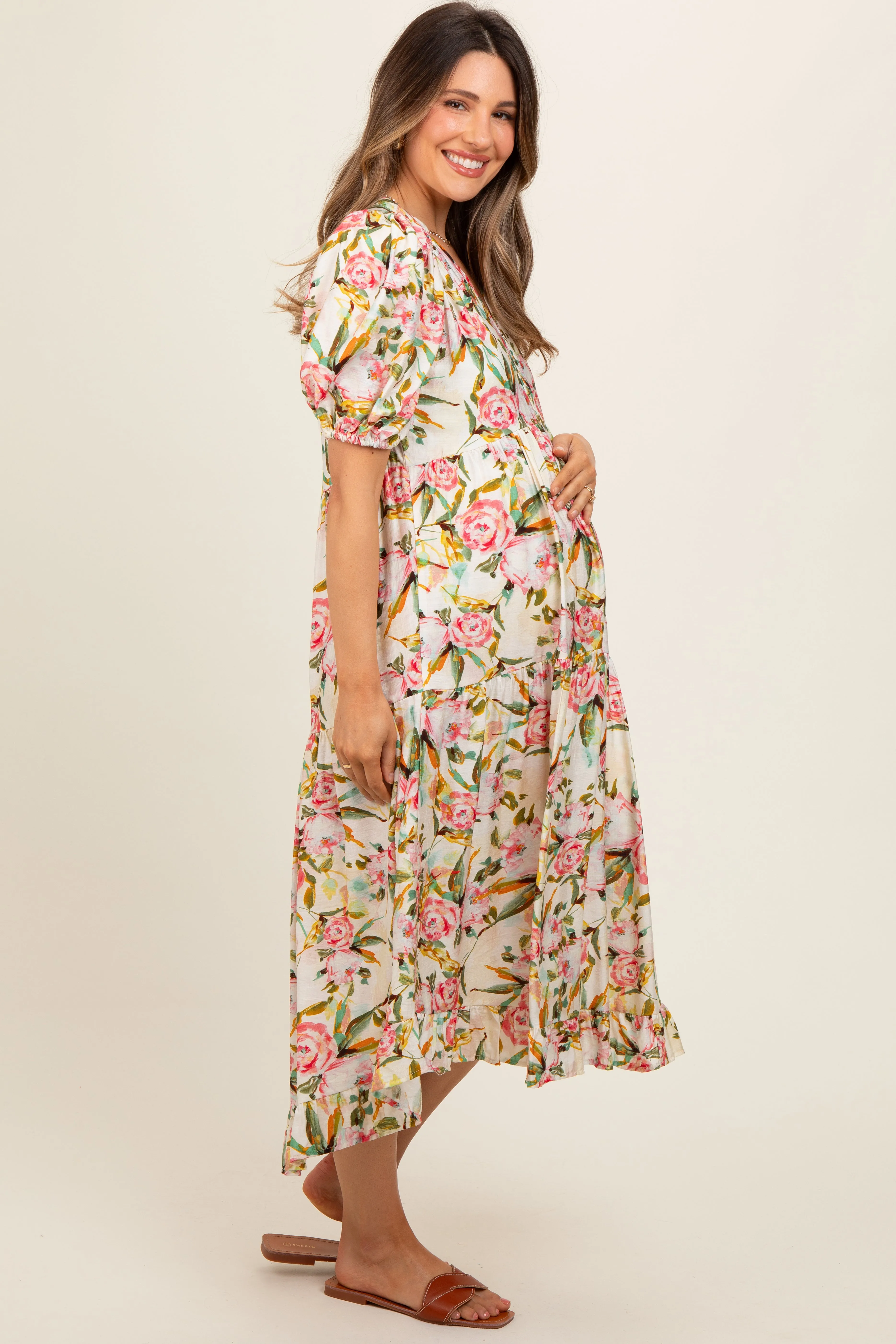 Cream Floral V-Neck Tiered Maternity Midi Dress sold by Pinkblush product image thumbnail 3