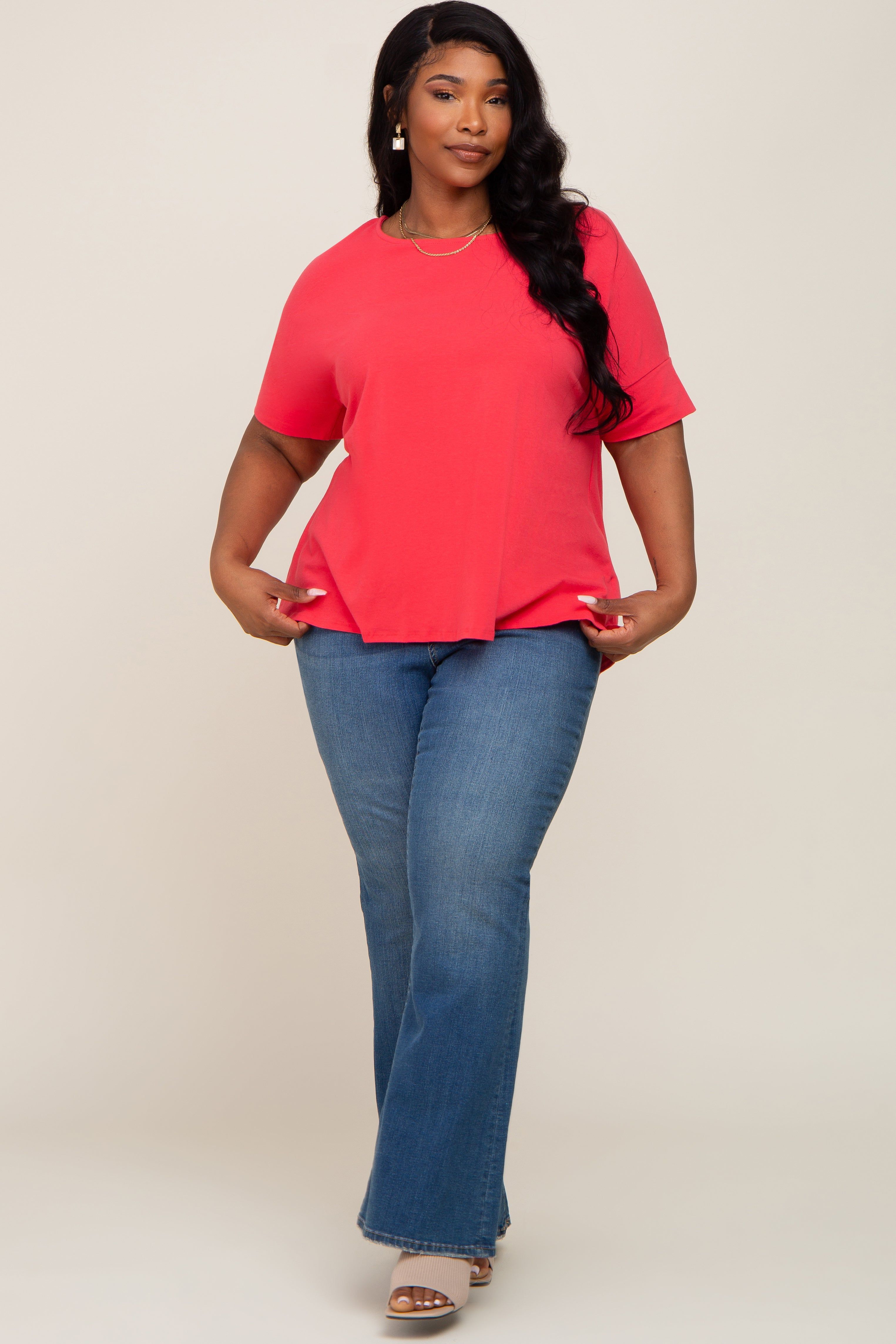 Coral Oversized Short Cuffed Dolman Sleeve Tee sold by Pinkblush product image thumbnail 4
