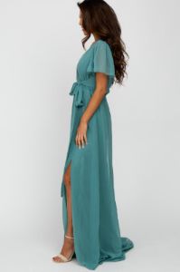 Teal Chiffon Short Sleeve Front Slit Maxi Dress sold by Pinkblush