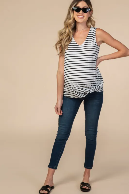 White Striped Sleeveless Tie Front Maternity Top sold by Pinkblush