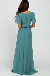 Teal Chiffon Short Sleeve Front Slit Maxi Dress sold by Pinkblush