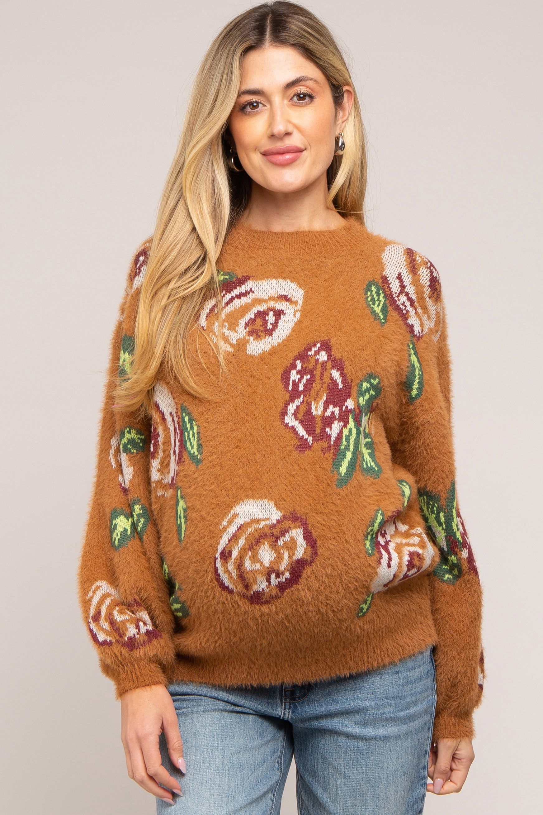 Camel Floral Fuzzy Knit Maternity Sweater sold by Pinkblush
