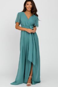 Teal Chiffon Short Sleeve Front Slit Maxi Dress sold by Pinkblush