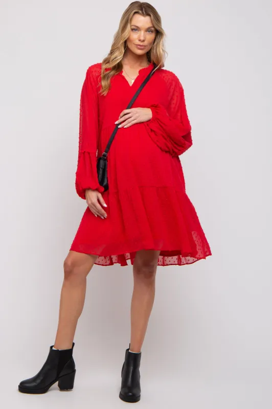 Red Swiss Dot Chiffon Tiered Maternity Dress sold by Pinkblush