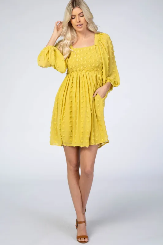 Yellow Textured Dot Smocked Square Neck Chiffon Dress sold by Pinkblush