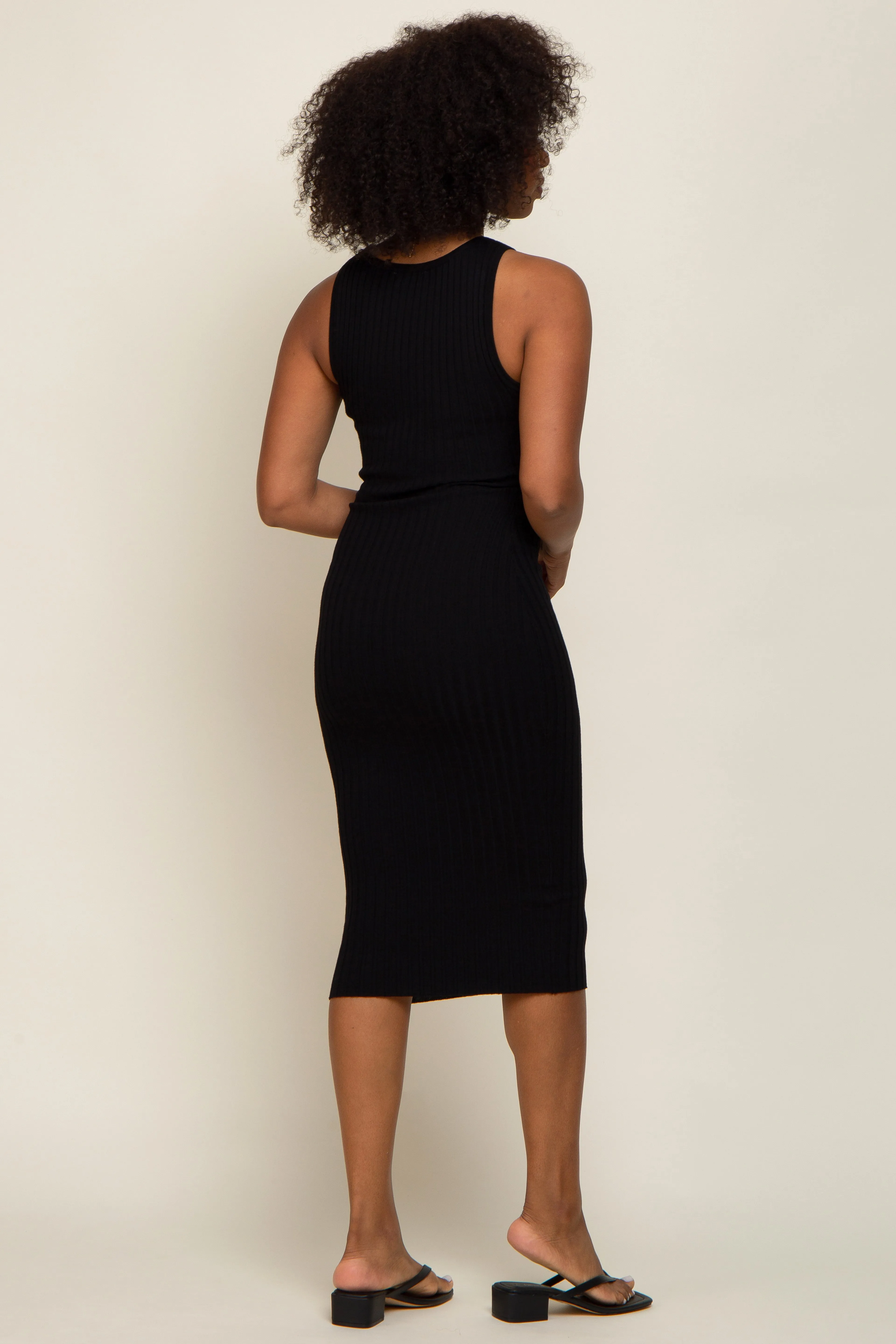 Black Ribbed Knit Fitted V-Neck Midi Dress sold by Pinkblush product image thumbnail 3