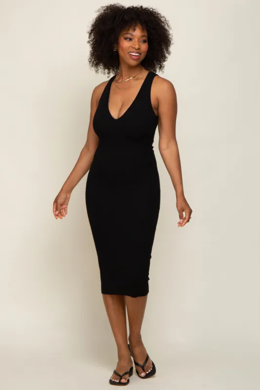 Black Ribbed Knit Fitted V-Neck Midi Dress sold by Pinkblush