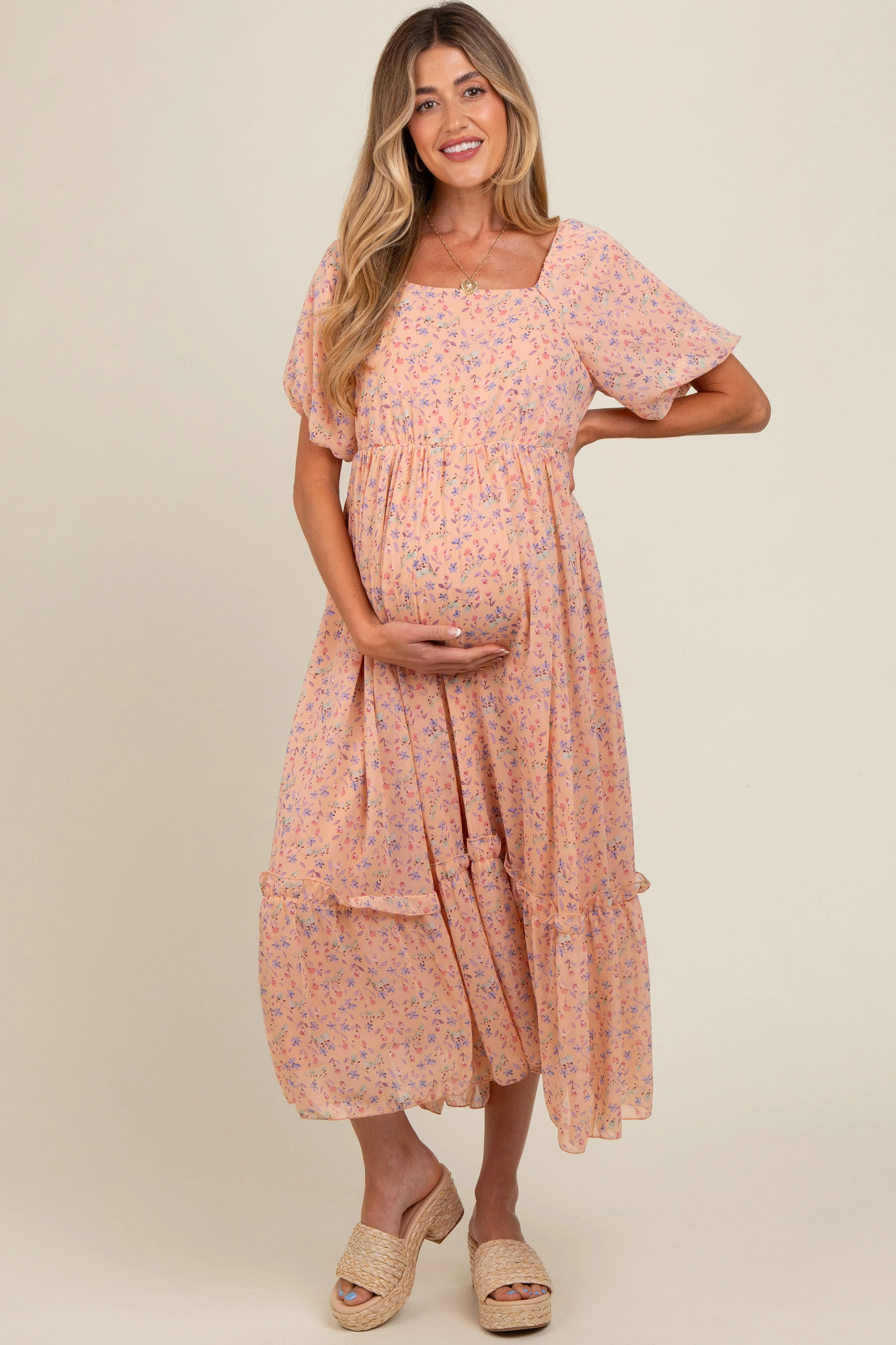 Peach Floral Ruffle Hem Maternity Maxi Dress sold by Pinkblush