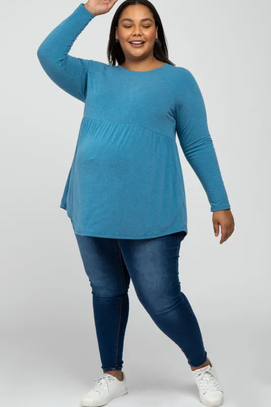 Teal Solid Long Sleeve Peplum Plus Maternity Top sold by Pinkblush