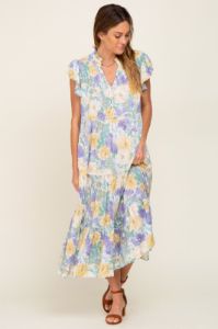 Yellow Floral Button Front Ruffle Sleeve Tiered Midi Dress sold by Pinkblush