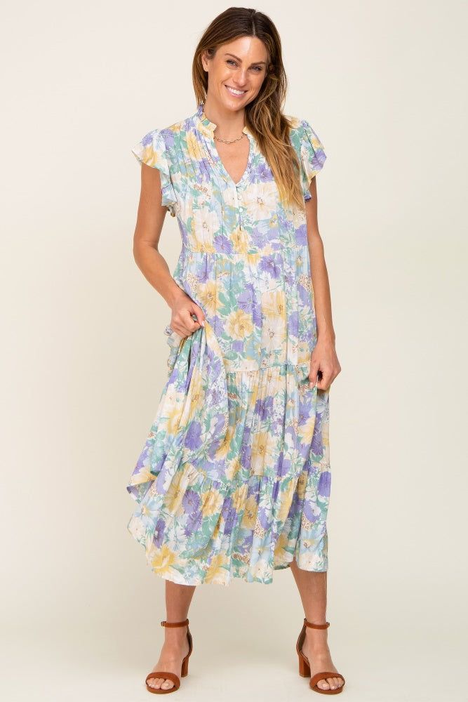 Yellow Floral Button Front Ruffle Sleeve Tiered Midi Dress sold by Pinkblush