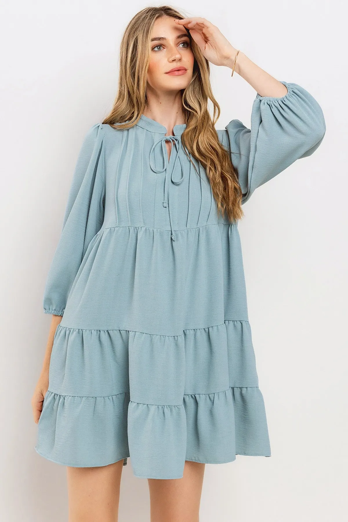 Blue Pleated Front Tie Tiered Dress sold by Pinkblush