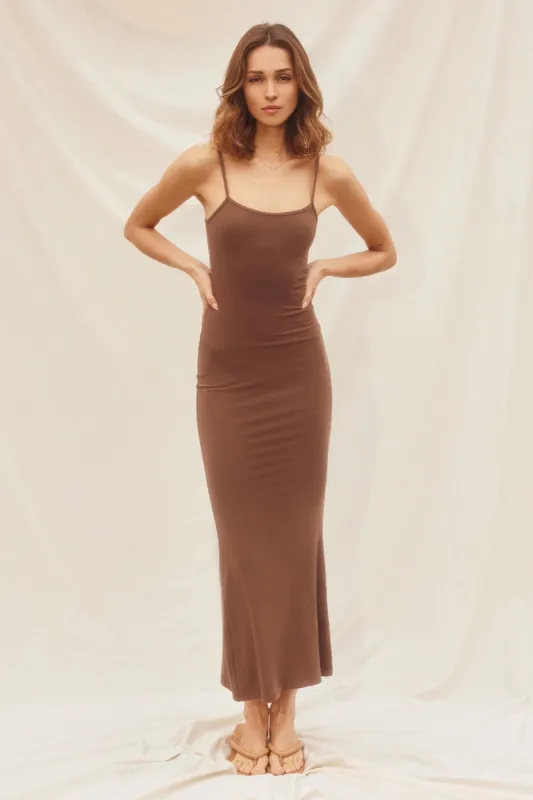 Brown Ribbed Basic Midi Dress sold by Pinkblush