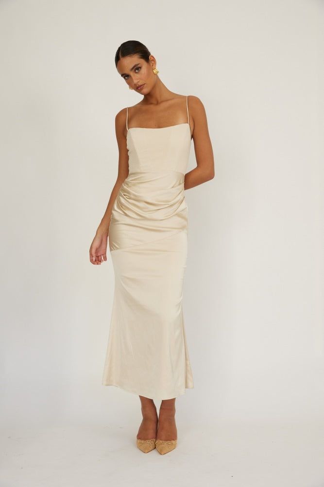 Champagne Two Toned Satin Midi Dress sold by Pinkblush