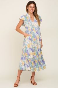 Yellow Floral Button Front Ruffle Sleeve Tiered Midi Dress sold by Pinkblush