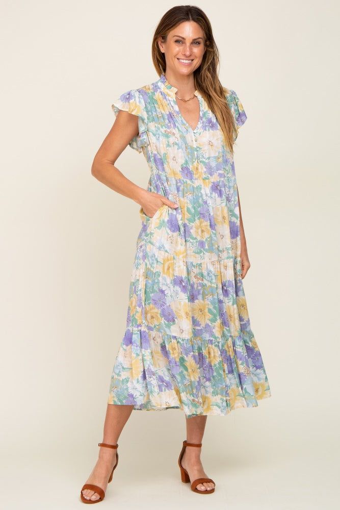 Yellow Floral Button Front Ruffle Sleeve Tiered Midi Dress sold by Pinkblush product image thumbnail 5