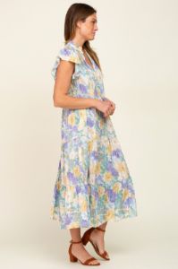Yellow Floral Button Front Ruffle Sleeve Tiered Midi Dress sold by Pinkblush