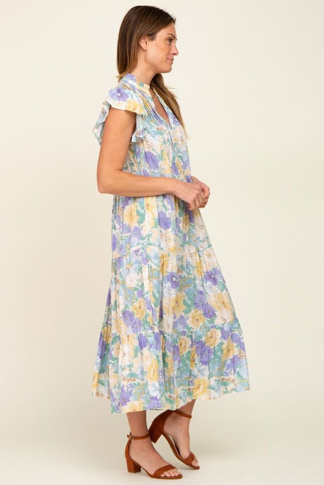 Yellow Floral Button Front Ruffle Sleeve Tiered Midi Dress sold by Pinkblush product image thumbnail 2