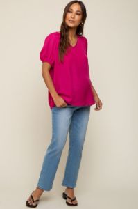 Fuchsia Puff Sleeve Maternity Blouse sold by Pinkblush