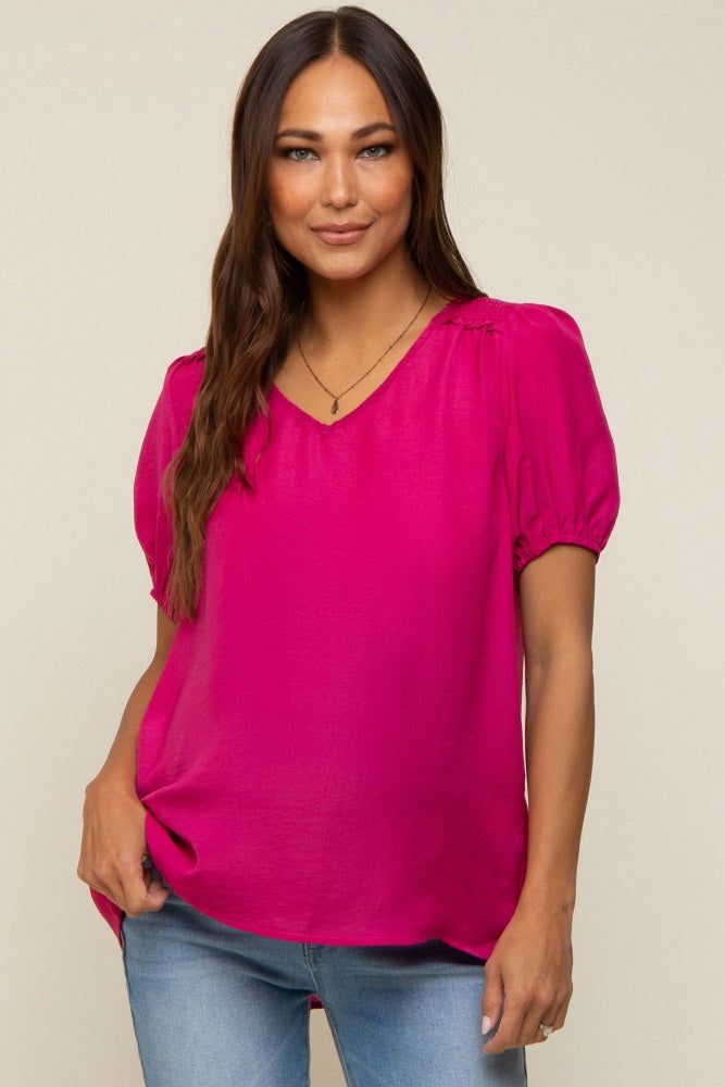 Fuchsia Puff Sleeve Maternity Blouse sold by Pinkblush