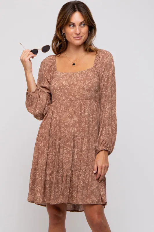 Mocha Floral Tier Long Sleeve Dress sold by Pinkblush