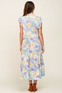 Yellow Floral Button Front Ruffle Sleeve Tiered Midi Dress sold by Pinkblush